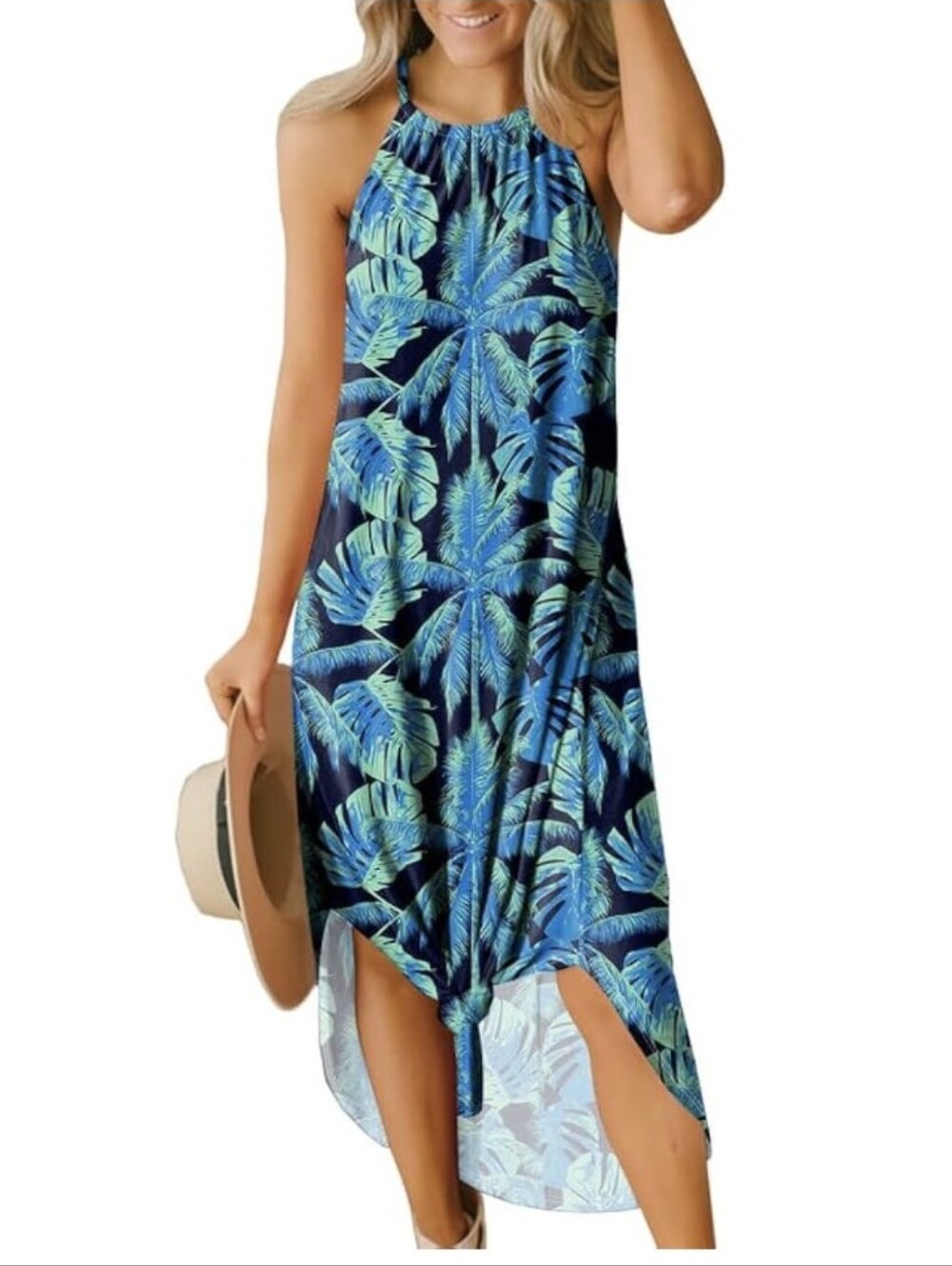 Tropical Leaf Halter Top Maxi Dress - Size L- Blue and Green.  NWOT
